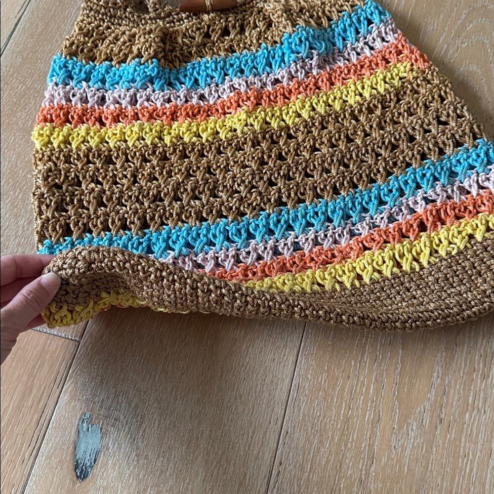 Boho Chic Crochet Festival Tote Bag Multicolor Stripe Beach Market Bag Cottage - Picture 6 of 6